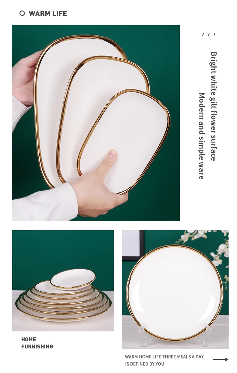 Custom Ceramic Plates Restaurant Flat Dessert White Gold Rim Dish Round