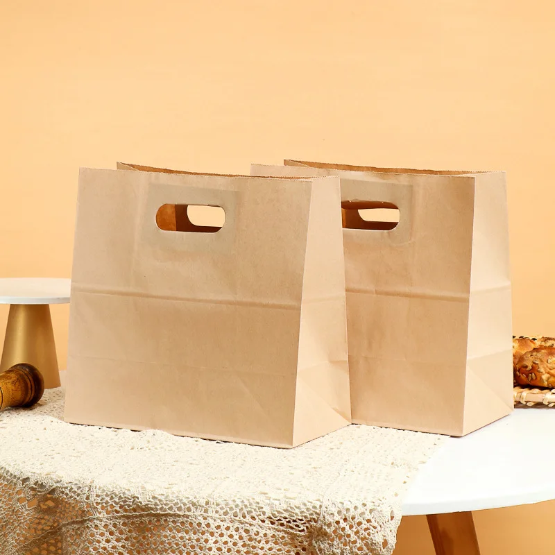 Wholesale Brown Kraft Paper Die Cut Handle Bag Paper Food Packaging for Fast Food Bread Cookie Take Away Food Packaging Bag