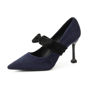 Classy Women's Navy Sude Pointed Toe Comfortable Summer Slip-On Stiletto Heel Pumps with Black Bow Accent