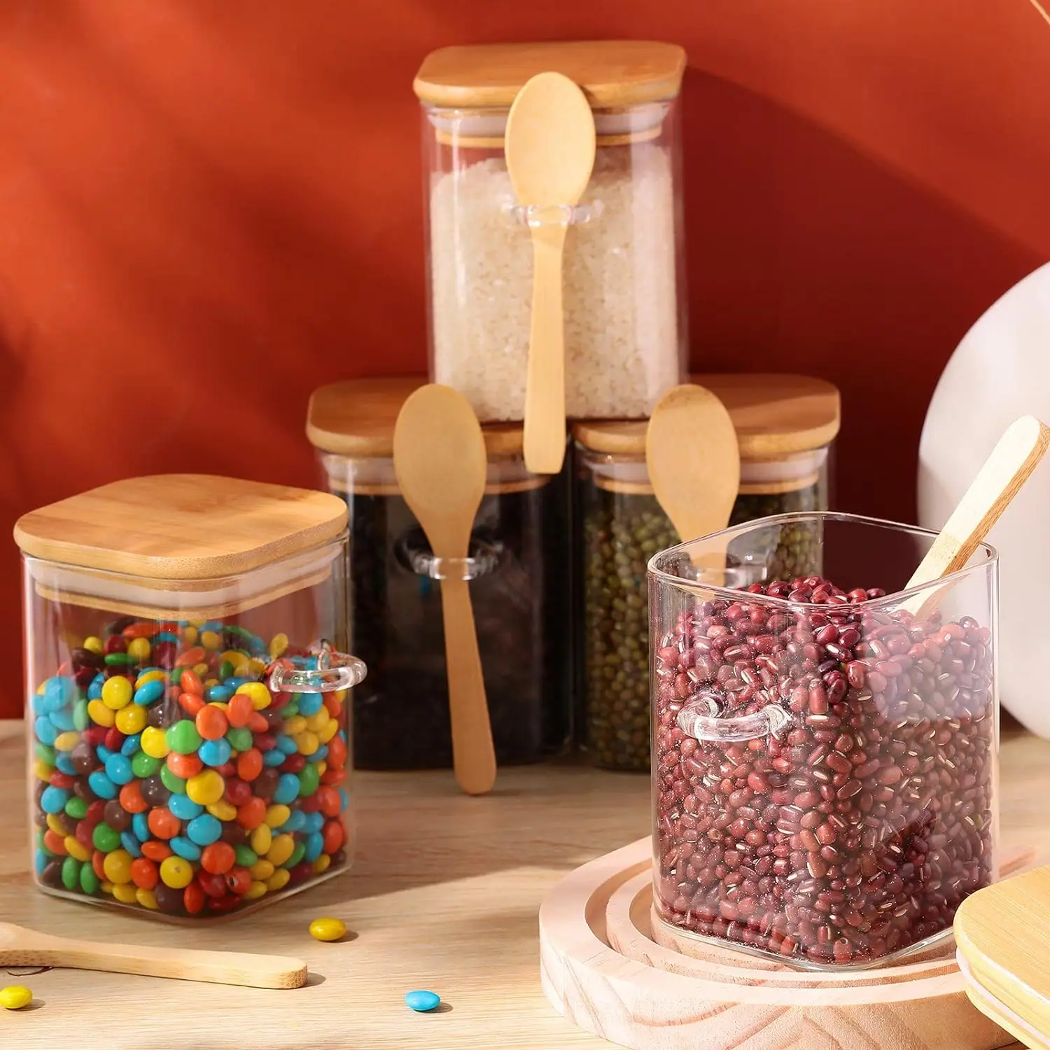 Eco-Friendly borosilicate square glass storage jar with wooden spoon and bamboo lids