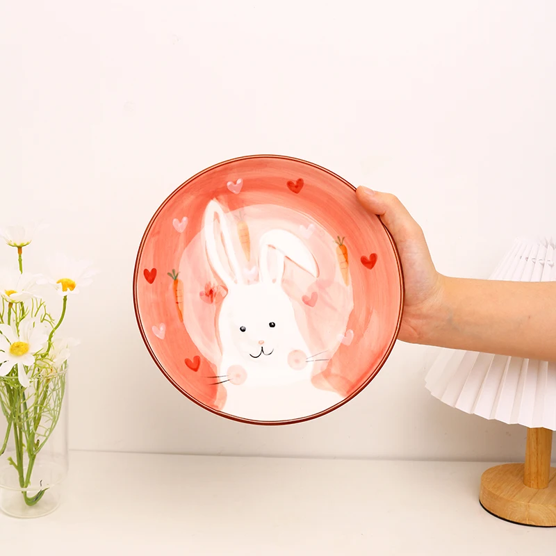 Rabbit Creative Kids Cute Animal Print Dinnerware Children Ceramic Porcelain Dinner Bowl Divided Plate and Spoon Sets manufacture