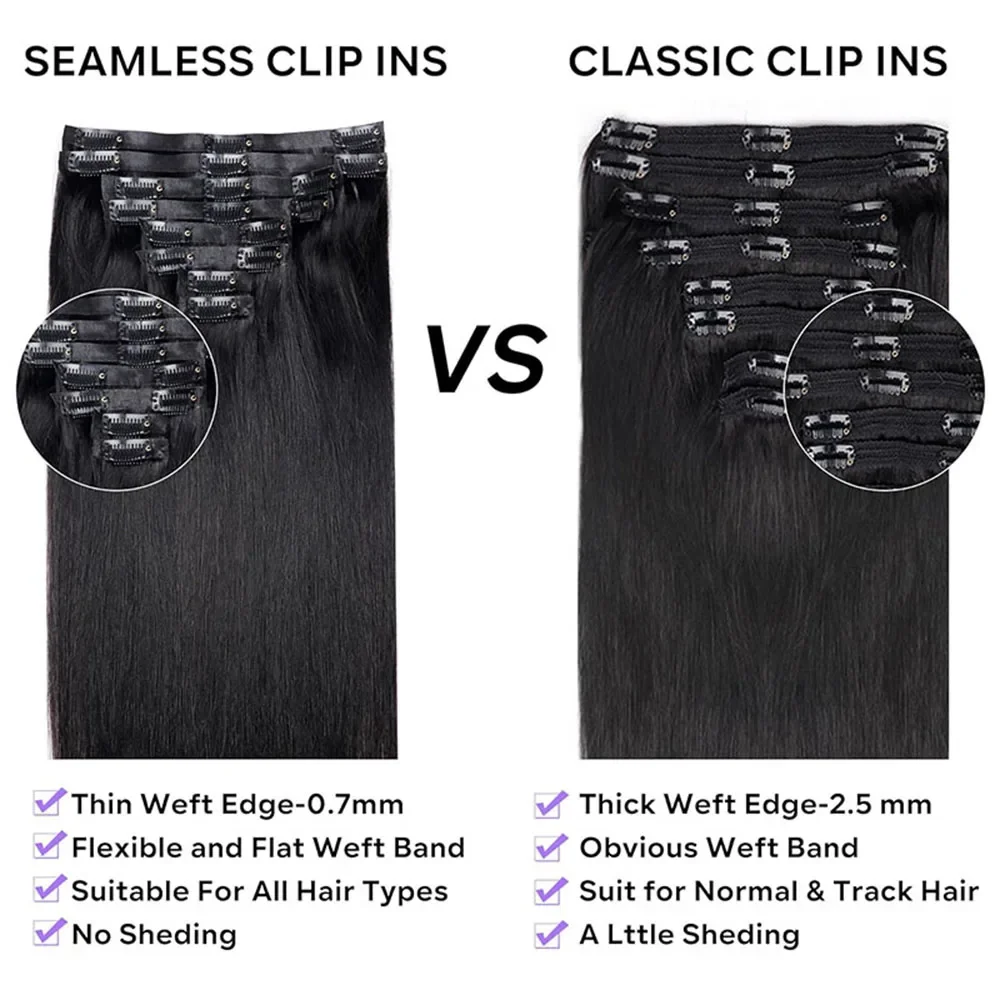Natürliche, glatte Clip-in-Haarverlängerungen, Echthaar, 100 % Echthaar, unsichtbar, nahtlos, Remy-Clip-on-Haarverlängerungen_voghion.com