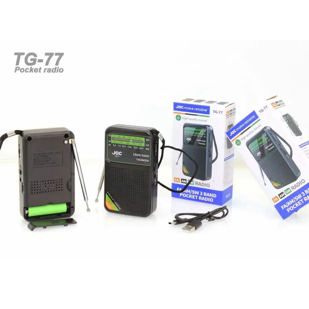 高感度 JOC TG-66ミニポケットラジオ、AM/FM/SW、充電式バッテリー付き