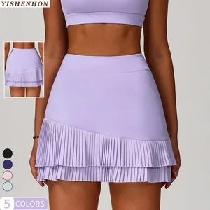 YISHENHON Custom High Waist Pleated Hem Tennis Skirts Anti-exposure Leggings Short with Pockets Sport Fitness Activewear
