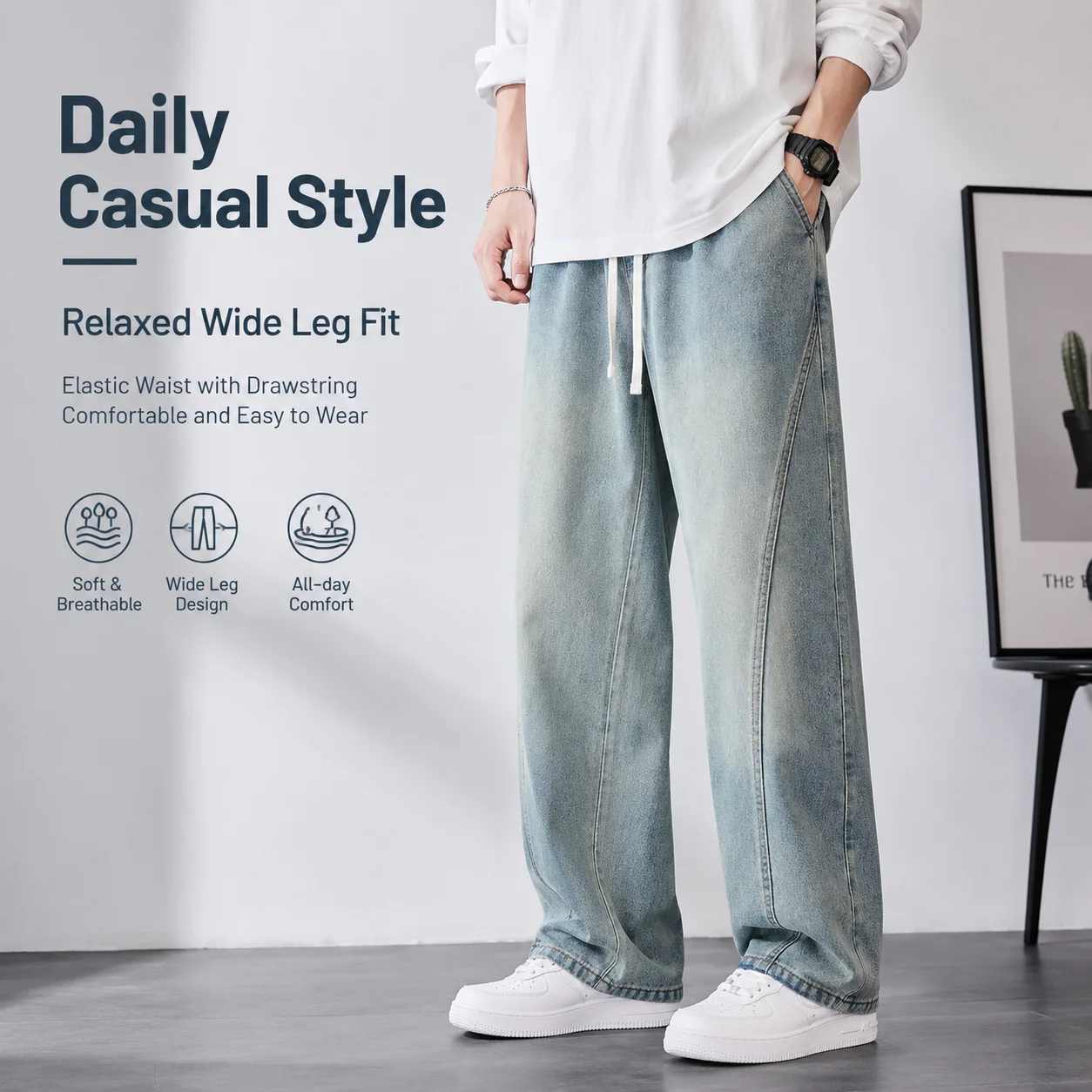 Autumn New Men's Casual Pants Retro American Style Scimitar Jeans Pendant Denim Mid Waist Loose Straight Wide Leg Medium