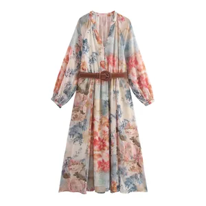 Autumn New Women's Round V-neck Long Sleeve With Belt Flower Print Long Midi Dress