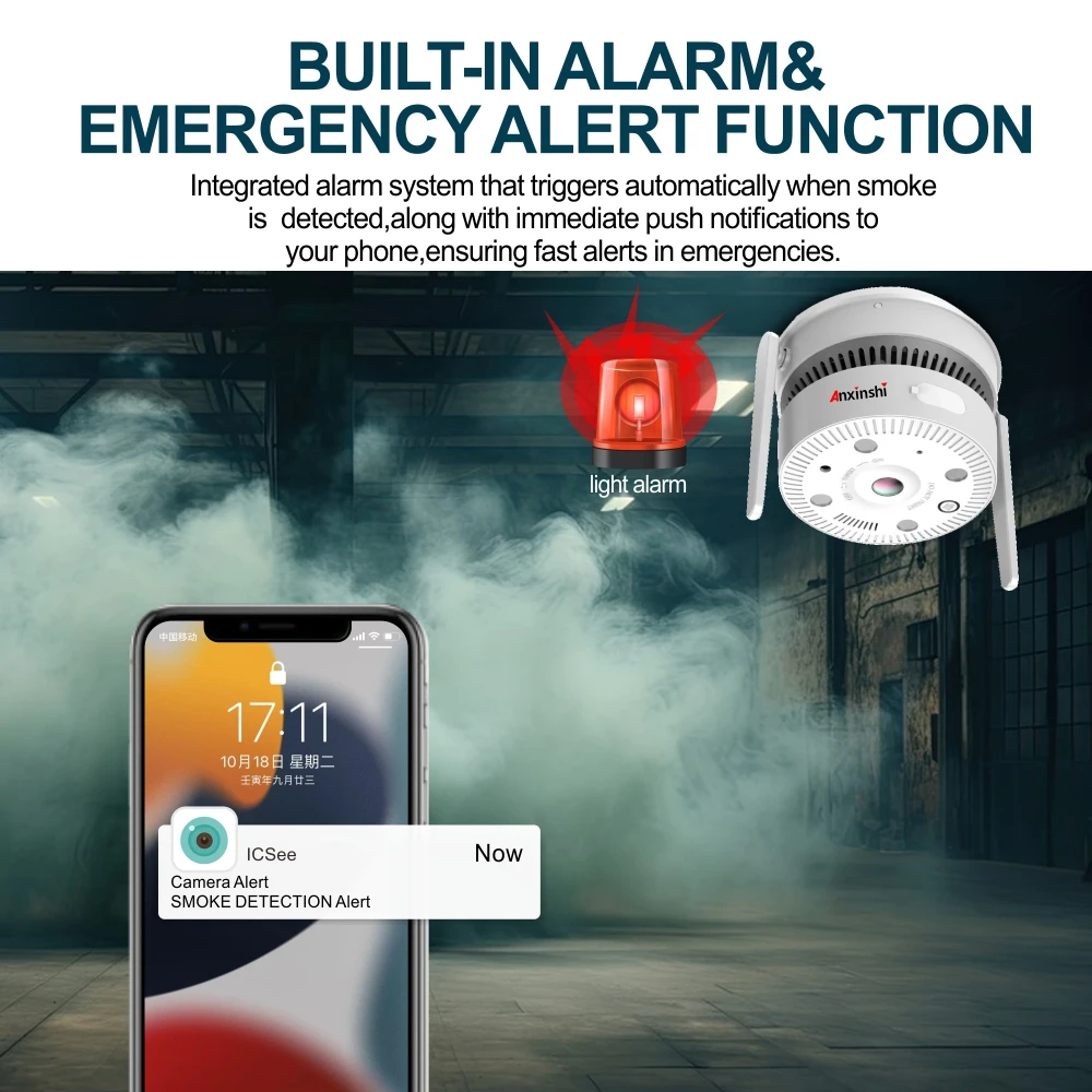 4G/WIFI/POE Smoke Detector Camera Panoramic 180 Degree  with Night Vision for Warehouse  Kitchen Restaurant  Spy Smoking