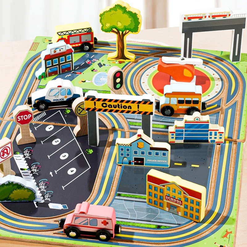 Tragbares, unterhaltsames Desktop-Spurbausatz-Spielzeug für Kinder, Dinosaurier-Verkehrsszenario, pädagogisches Holzeisenbahn-Set, Reisespielzeug für Kleinkinder