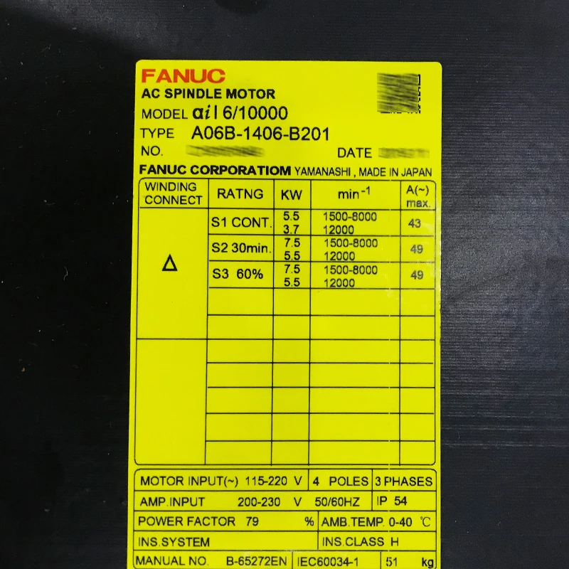 Japan Original Fanuc AC Spindle Motor A06B-1406-B201
