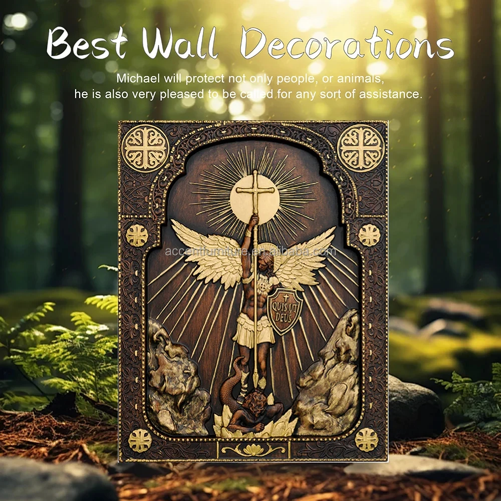 Modern Archangel Michael Wooden Icon Square Religious Wall Art ...