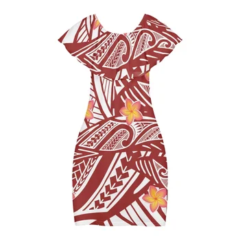 High Quality Retro Style Red-white Ruffle Half Shoulder Dresses Polynesian Tribal Design Plumeria Image One Shoulder Dresses