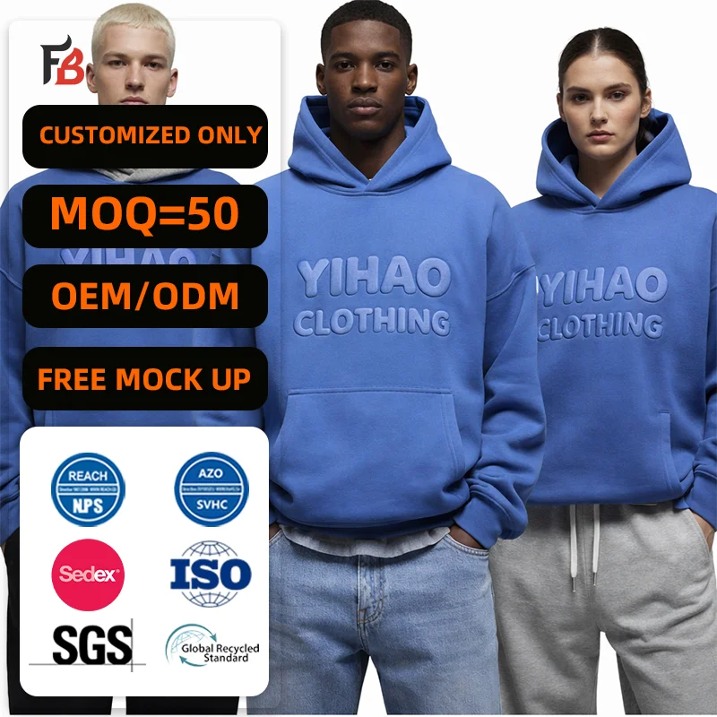 Manufacture Custom High Quality Unisex Knitted Drop Shoulder Puff Print Hoodie 300gsm