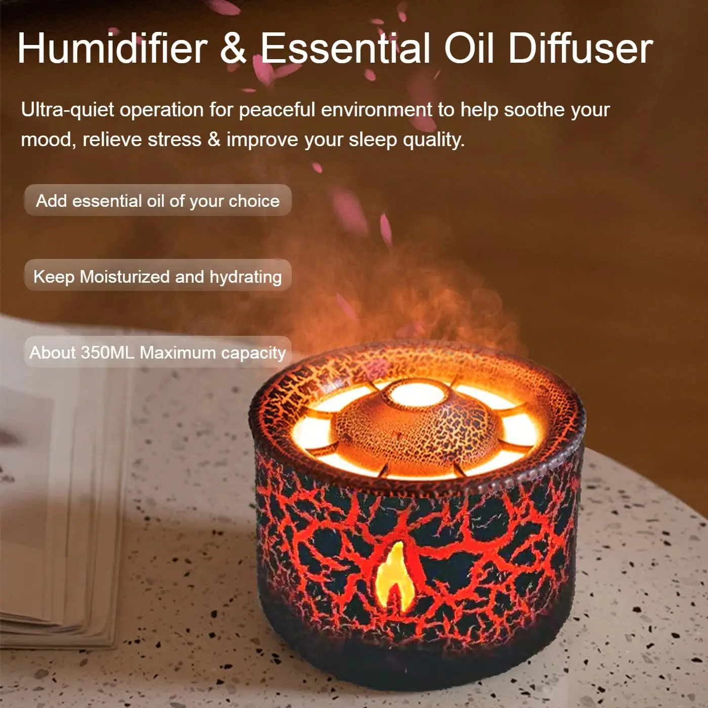 V19 360ml Simulation Flame Volcanic Humidifier Ultrasonic Essential Oil Aroma Diffuser with Timing Function - US Plug