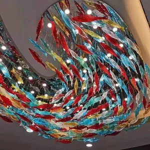 Custom Rectangle Design Fish School Aquarium Chandelier Creative Light Art for Office & Hotel Lobby Glass Pendant Lights