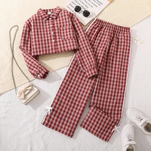 Autumn Casual Red Plaid Two-Piece Outfit Set for Girls Crop Shirt + Pants Fashion Boutique Style Garment Clothes for Kids
