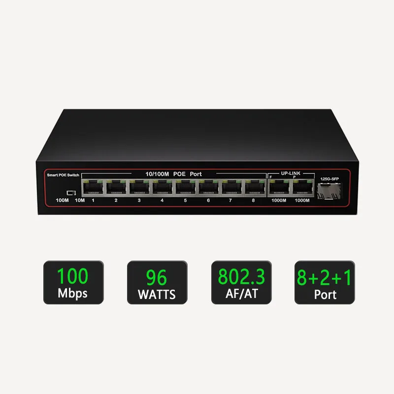 8 Port 10/100Mbps PoE Switch With 2 Gigabit Uplink 1 SFP Slot 30W 10 Ports POE Network Switch supplier