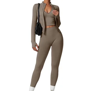 Custom High Quality Activewear Tennis Gym Fitness Set Sports Wear Bra Leggings Jacket Quick Dry 3 Piece Set