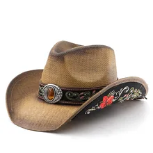 Summer Paper Straw Cowboy Hat with Casual Flower Embroidery Fashion Outdoor Beach Sunshade for Parties Fishing Travel Cycling