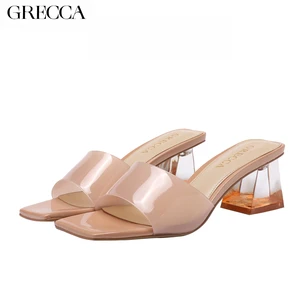 GRECCA Stylish Summer Sexy Heels Sandals Nude Patent Leather Mules Square Toe Clear Unique Heel Wedding Shoes Evergreen Style