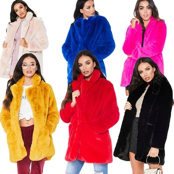 Jtfur Women winter artificial fur jacket ladies mid length style loose fluffy soft faux rabbit fur coat