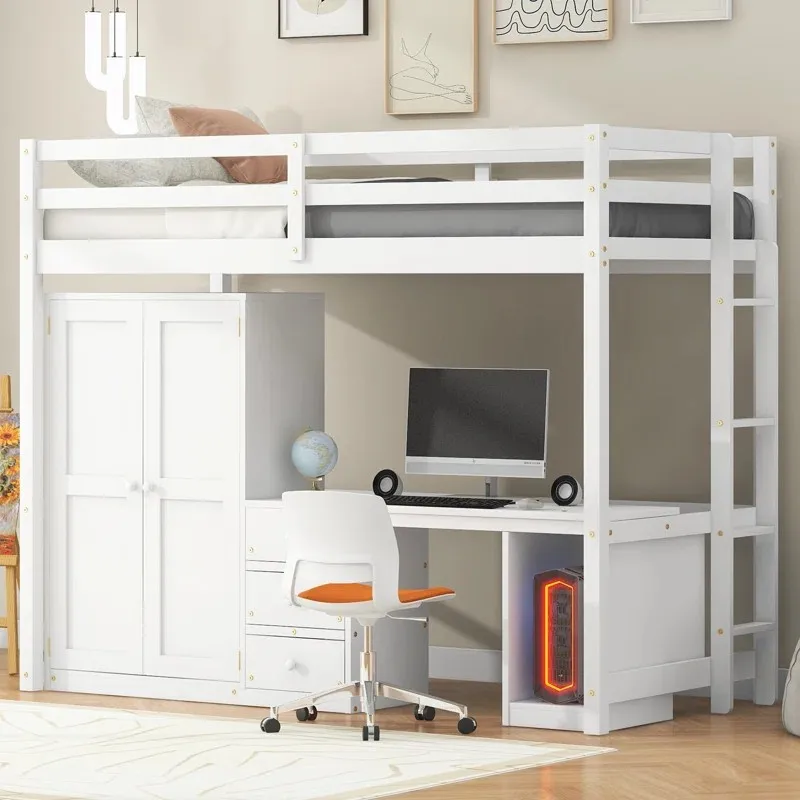 Loft Kids Bed with Wardrobe, Desk & Storage Drawers - Twin Size, Space ...