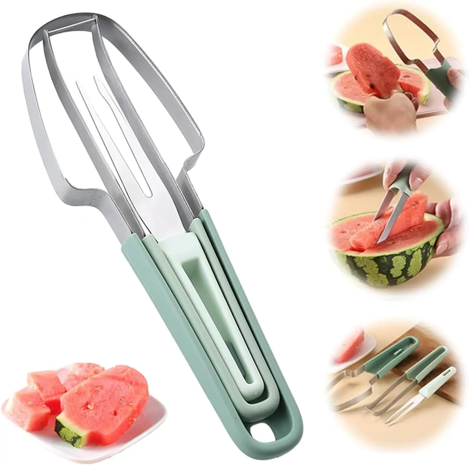 Hot Sale Watermelon Cutter Slicer Tool 2-in-1 Stainless Steel Fruit  Cutter and Non-slip PP  Fork Melon Slicer Kitchen Gadget