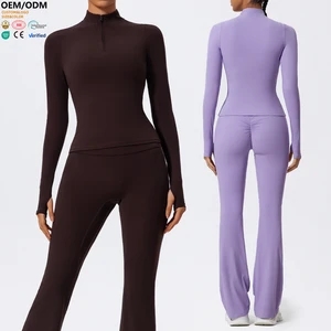 XW-XTCX7025 Breathable Custom Fitness Thumbhole Zip up Gym Clothing Activewear Exercise Long Sleeve Yoga Women's Sports Top