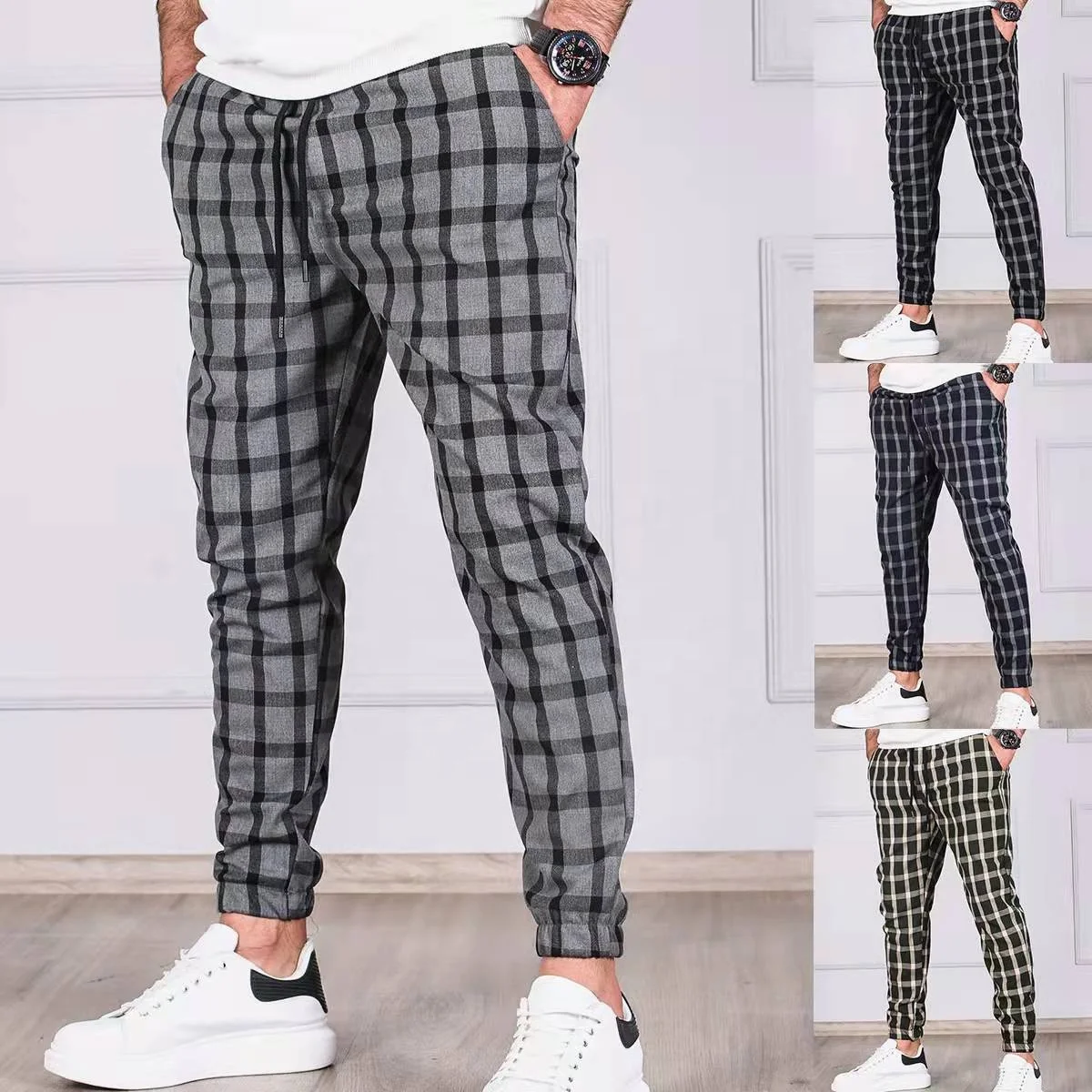 JL-12222 New Men’s Fashion Casual Fall and Winter Plaid Nine-point Trend Handsome and Elegant Long Pants