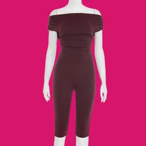 Viviblook C25ST210 Women's Sexy Solid Color off Shoulder Short Sleeved Tight Cropped Pants Two-piece Set for Ladies