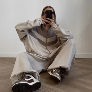 2024 Fashion Gray Patchwork Sets Casual Loose Long Sleeve Zipper Blouses and High Waist Trousers Sets for Women 2 Pieces