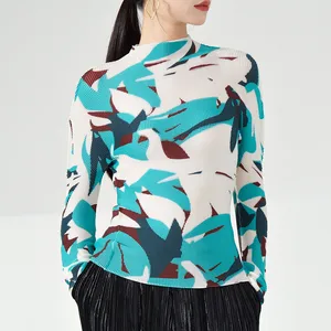 Miyake Women's High Quality Pleated Long Sleeve T-Shirts Elegant Casual Style for Summer Factory Wholesale With Floral Pattern