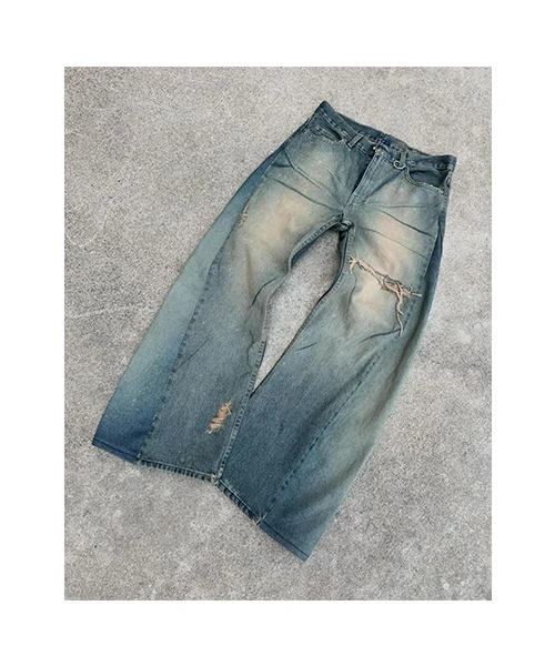 Custom Logo High Quality Washed Denim Jeans Pants Back Pocket Button Oversized Straight Streetwear Men's Baggy Jeans