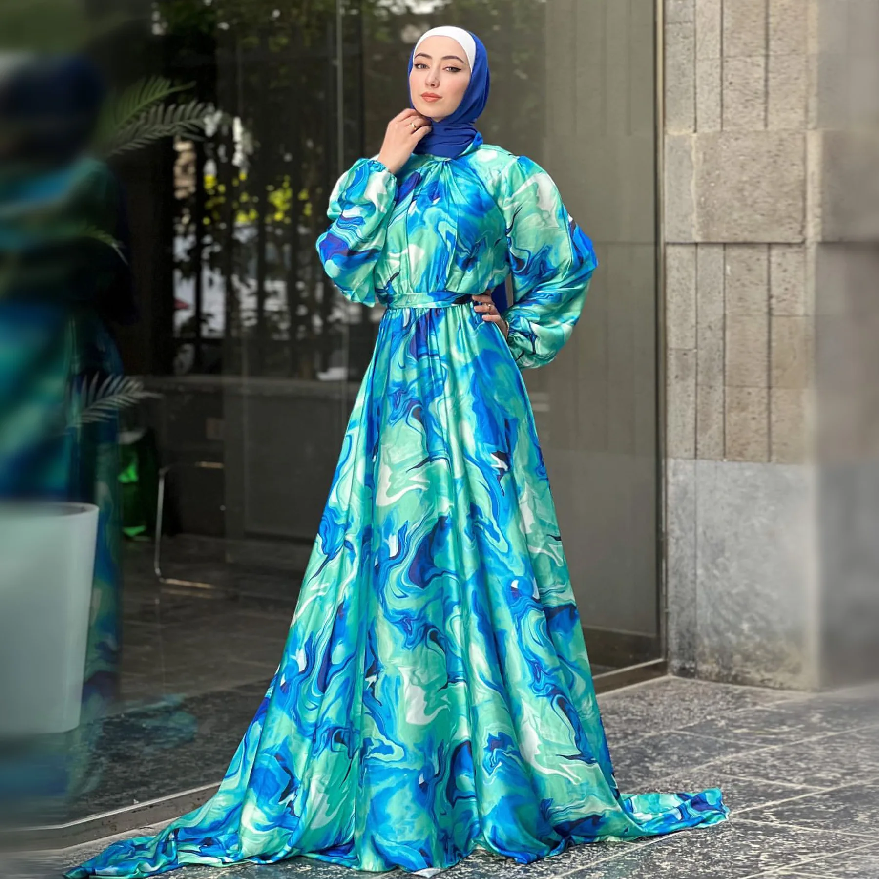 641 Satin Fabric New Abaya Digital Printed Long Sleeves Maxi Kaftan ...