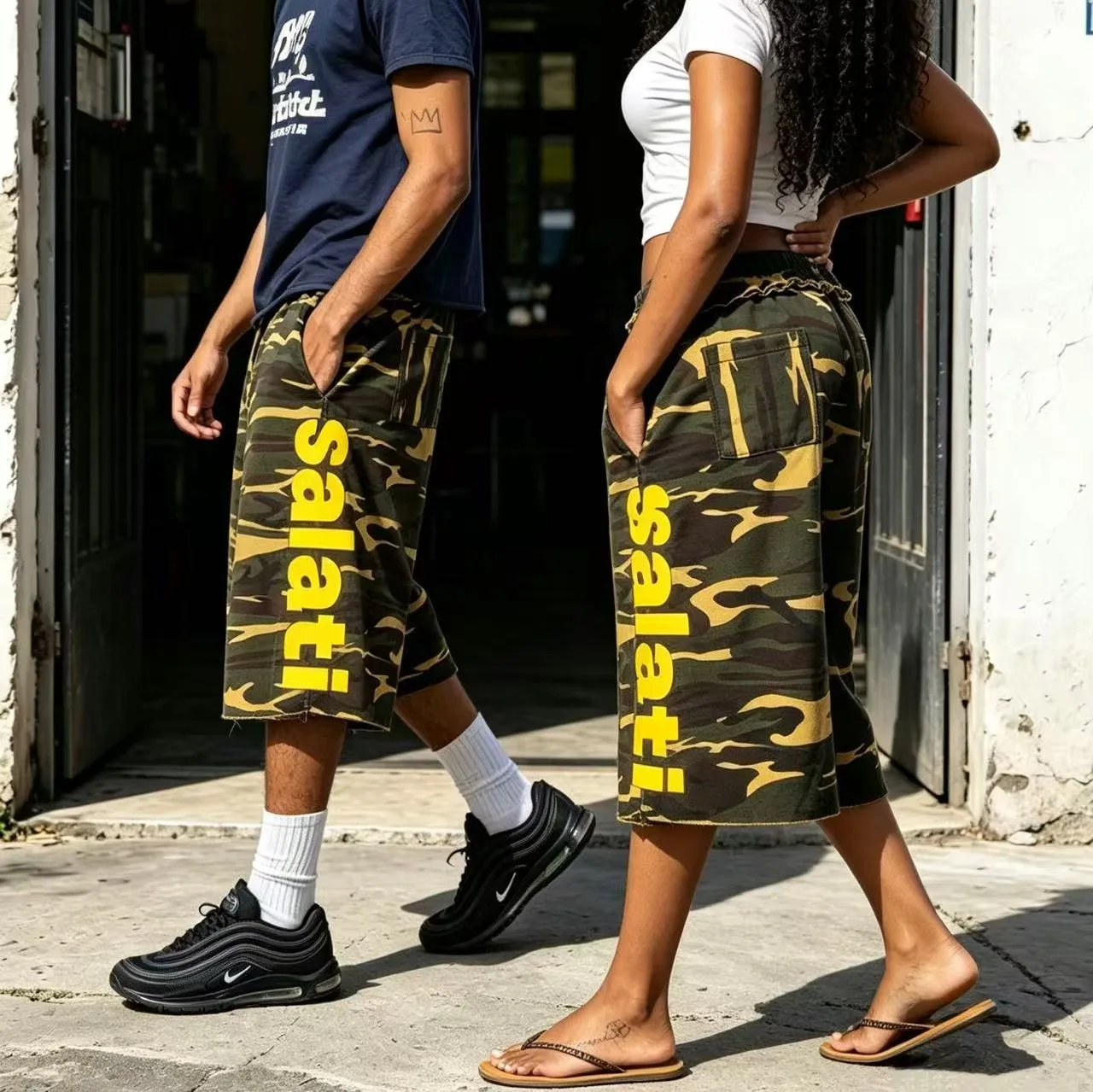 Wholesale Y2K Men's Camo Baggy Wide Leg Shorts 100% Cotton Drawstring Yellow Graphic Print Raw Edge Heavy Fleece Streetwear Bulk gallery 2