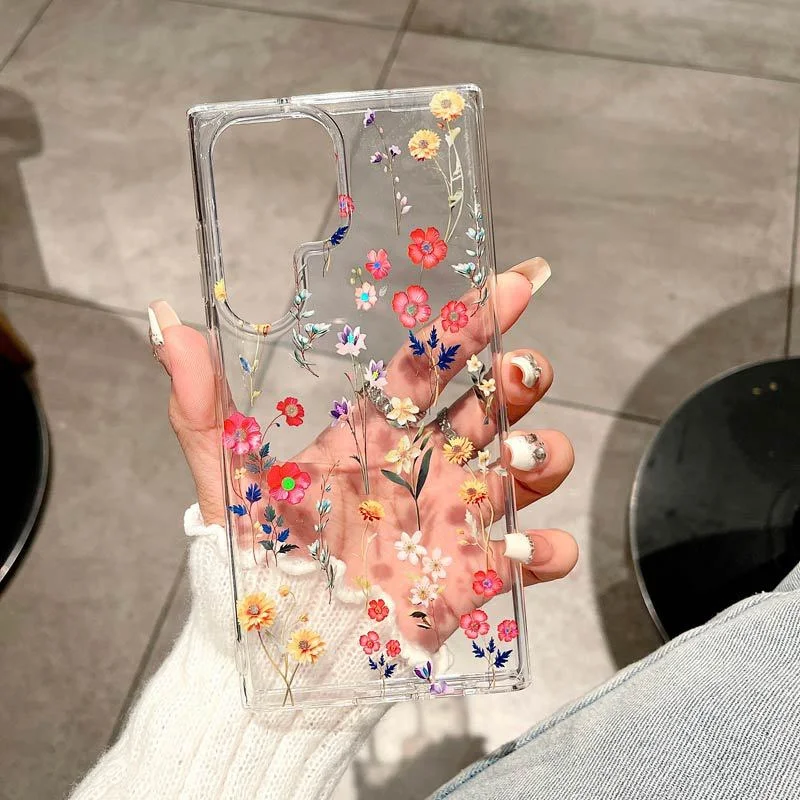 Luxury Flower Pattern Transparent Phone Cases for Samsung S26 S23 S24 S25 Ultra A56 A35 A53 Double Layer Printing Antifall Cover