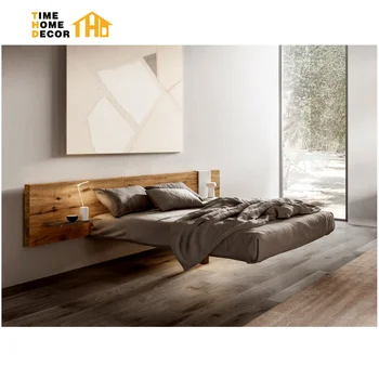 Modern Simple Solid Wood Suspended Bed Small Apartment Tatami Minimalist Double Suspended Bed Frame with Old Oak Headboard