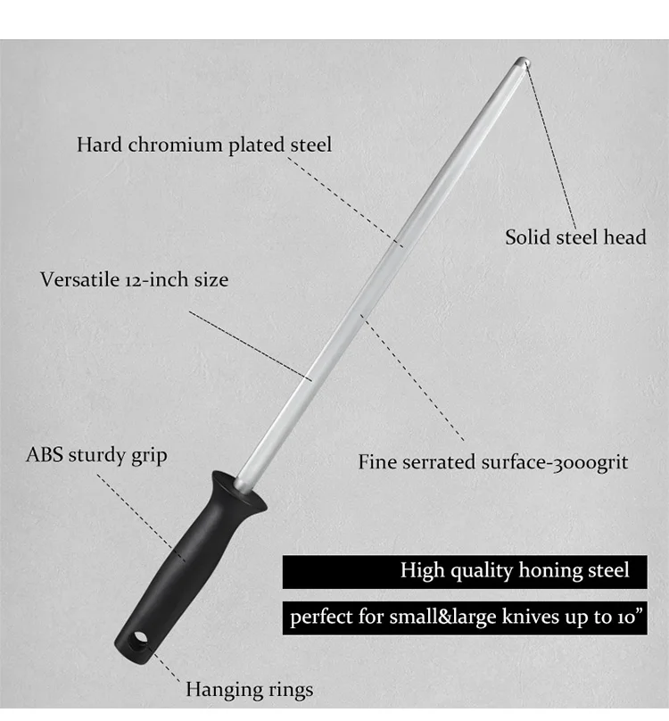 12 Inch Carbon Steel Knife Sharpener Rod Kitchen Diamond Honing Steel