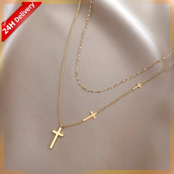 HOVANCI high fashion gold jewelry 18k gold filled stainless steel 11 double layer cross necklace for women