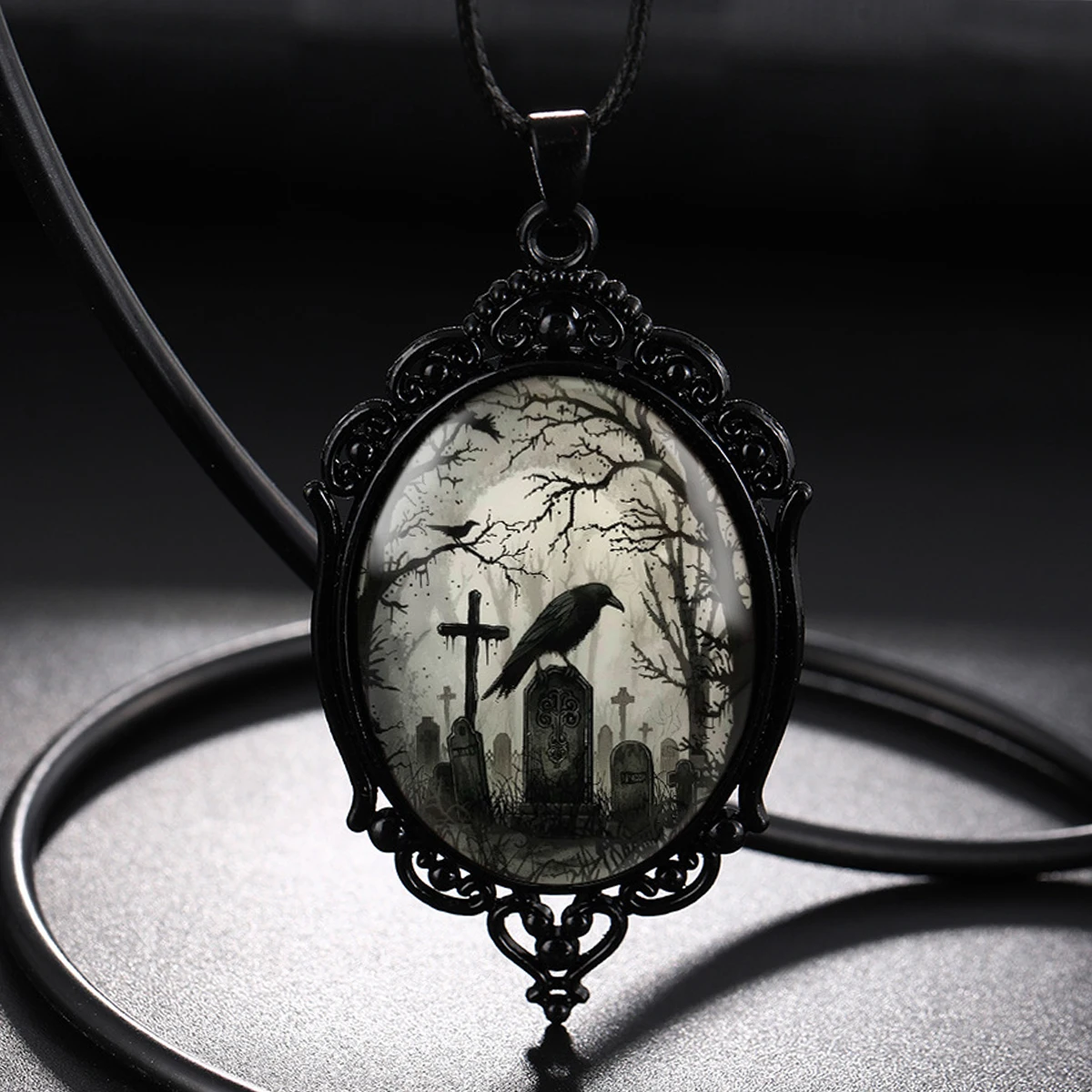 Retro Gothic Style Bat Castle Crow Cross Blood Black Cat Church 