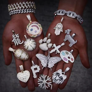 Hip Hop Jewelry Gold Plated Crystal Diamond Iced Out Cubic Zircon 925 Silver Charms Custom Logo Pendant Necklace for Men