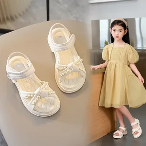 New Summer Student Knotted Pearl Beach Sandals Soft Soles Rubber Princess Girl Shoes Fashion Children Pu Leather Sandal