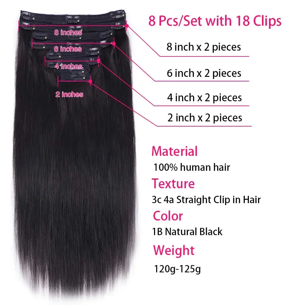 Gerade Clip-in-Haarverlängerungen mit 120 g doppeltem Schuss, brasilianischem Echthaar, Naturschwarz, für Frauen_voghion.com