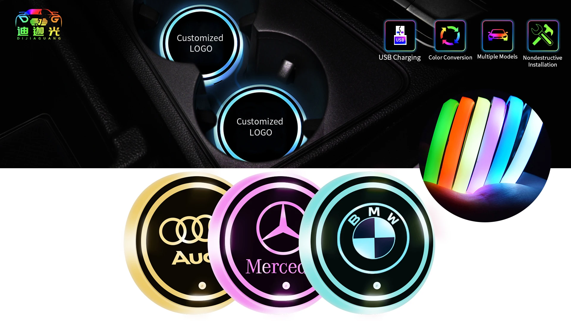 Led Cup Holder Lights Led Car Rgb Luminescent Light Pad Cup Mat For