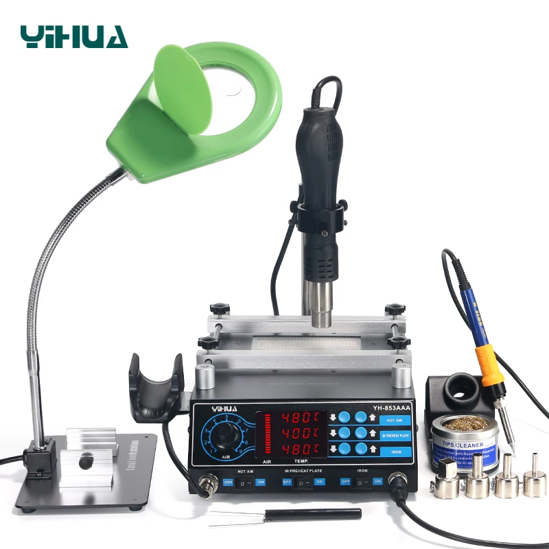 YIHUA 853AAA 3 in 1 Digital SMD Soldering Desoldering Hot air Gun Preheat BGA Rework Soldering Station