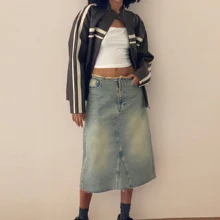 Raw Edge Blue Washed Vintage Denim Midi Skirts Back Slit Custom Cotton Denim Skirt Women's Y2K Streetwear Denim Skirts