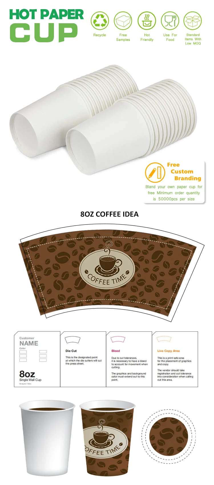 Factory Price Pe Coated Disposable Single Wall Paper Cup 8oz Coffee Cup details