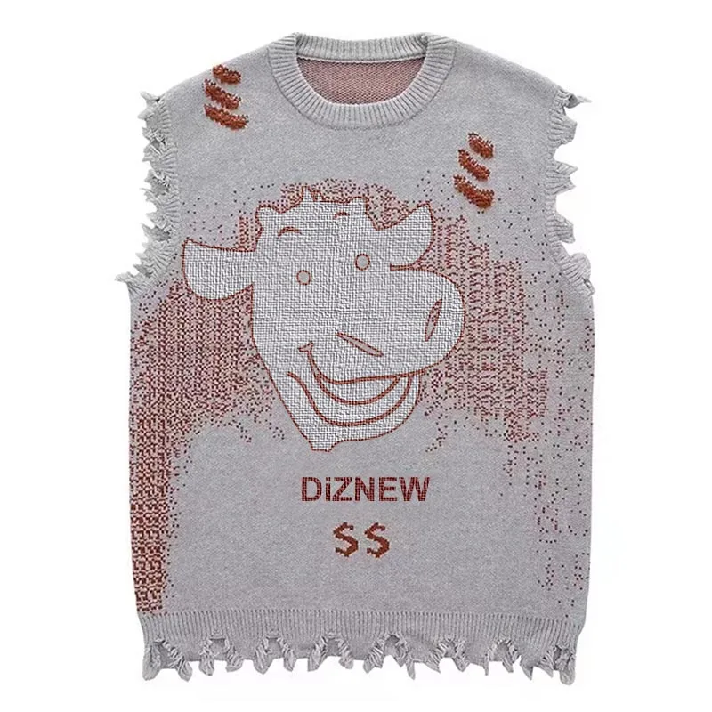 DiZNEW Retro Fashion Jacquard Knit Sweater Vest Men's Street Casual Sleeveless Sweater factory