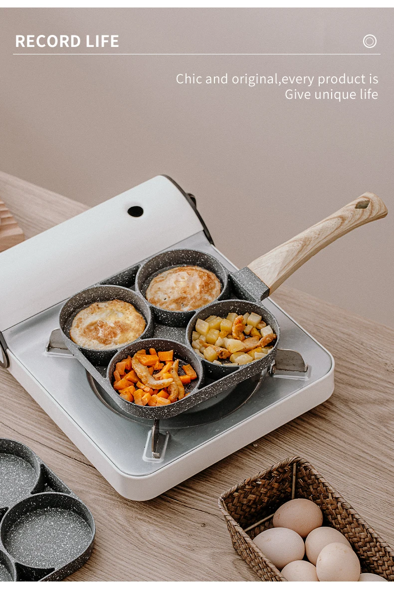 2/4 Hole Frying Pot Thickened Omelet Pan Black Non-stick Egg Steak Ham  Pancake Wooden Handle Kitchen Cooking Breakfast Maker