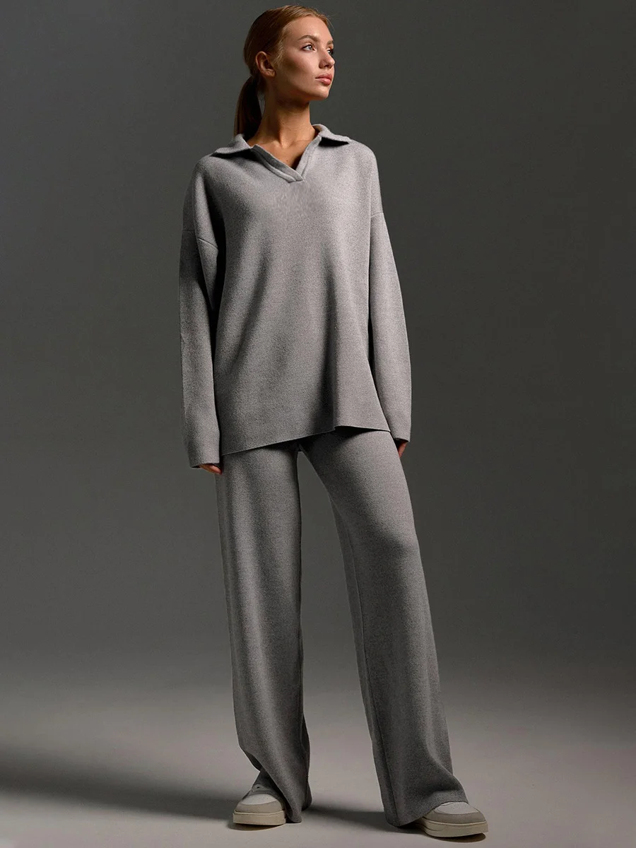 Fashion Casual knitted suit women's European and American Polo neck loose sweater Pullover two-piece