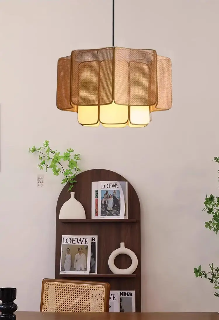 Japanese Wabi-sabi Style Creative Cloud Stone Design Rattan Woven Pendant Light Zen Living Room Restaurant Chandelier for Home